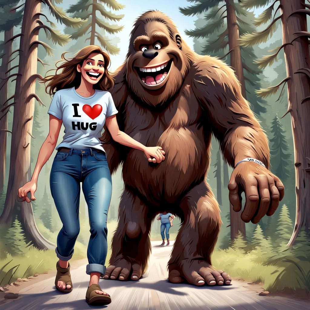 Cartoon Bigfoot Hug Chase in Photorealistic Style