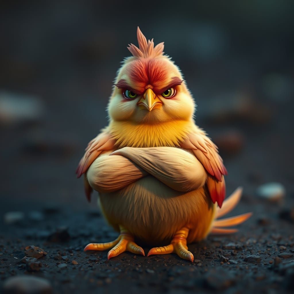 Grumpy Chick with Crossed Arms in Detailed Painting