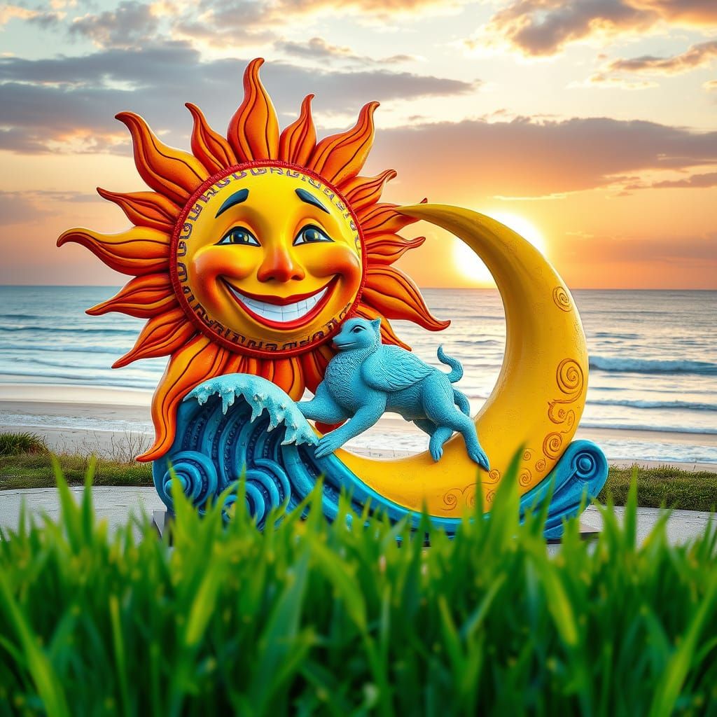Vibrant Fibreglass Sculpture of Sun and Moon in Beach Landsc...