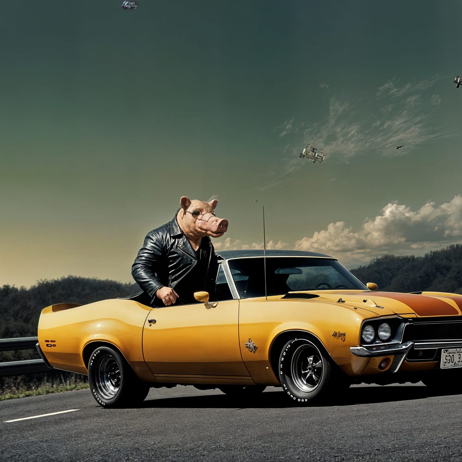 1970s Muscle Car with Pig-Headed Driver Speeding