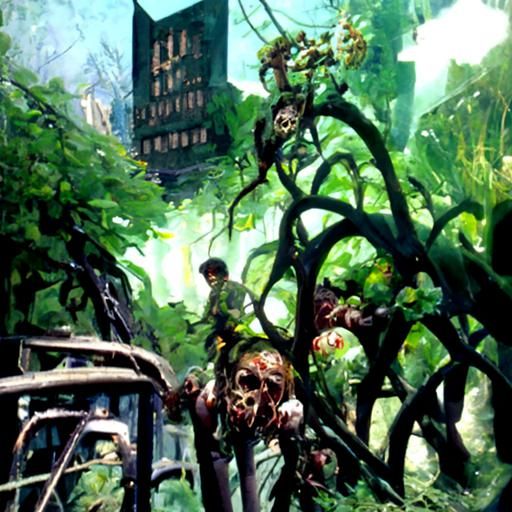 Overgrown Zombie City in Vines, Oil Painting