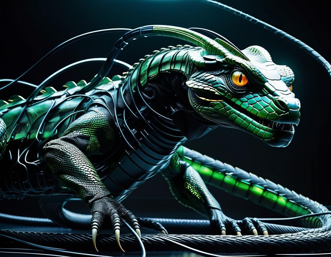 Futuristic AI Basilisk in Dystopian Cyberpunk Scene