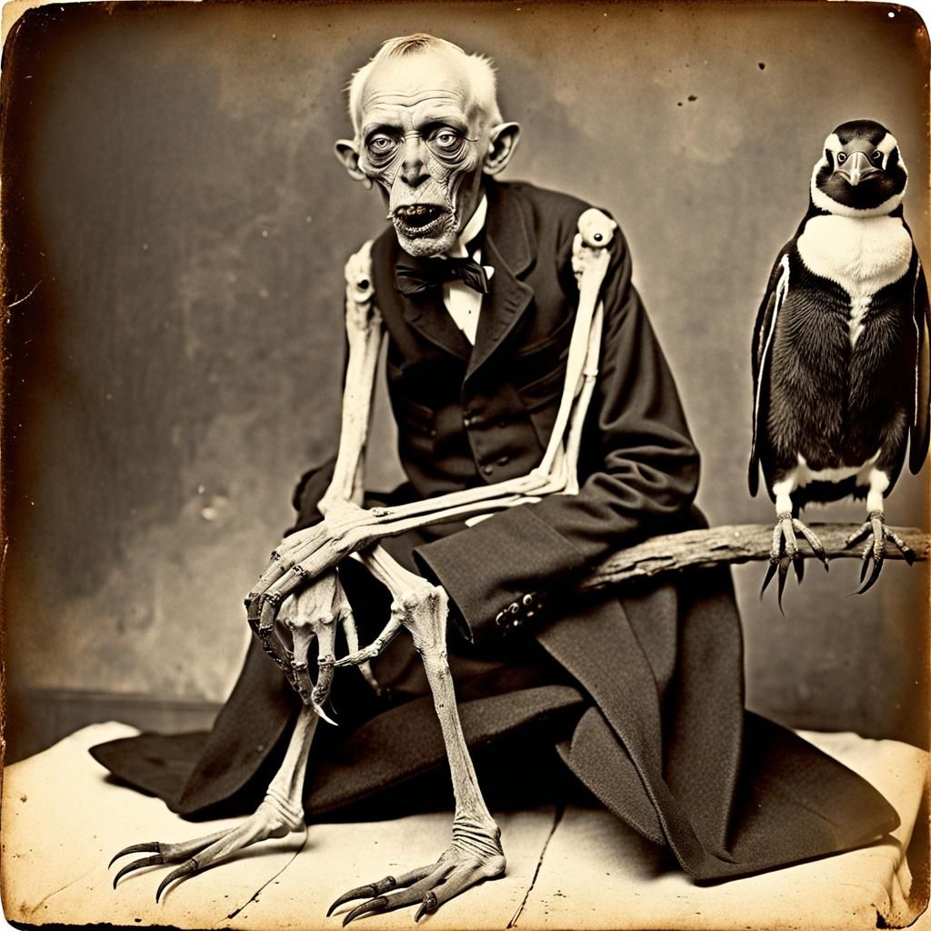 Lovecraftian Ghoul with Penguin: 1900s Horror Photograph