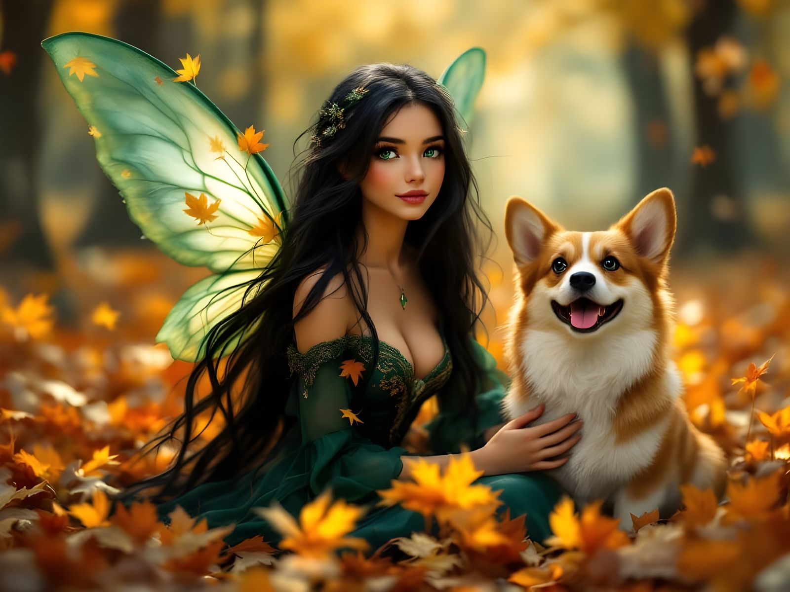 Woodland Fairy and Corgi in Autumn Leaves