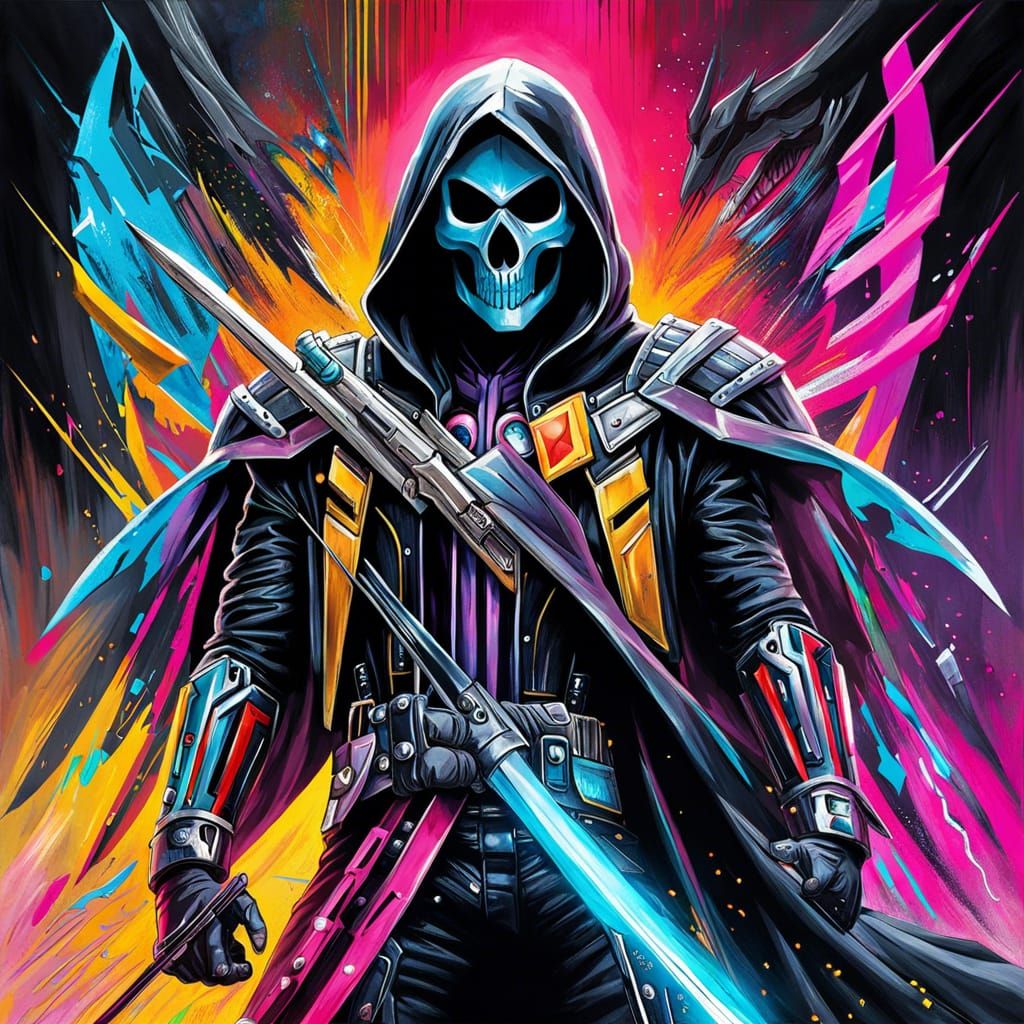Cyberpunk Grim Reaper Tokusatsu Hero in Neon