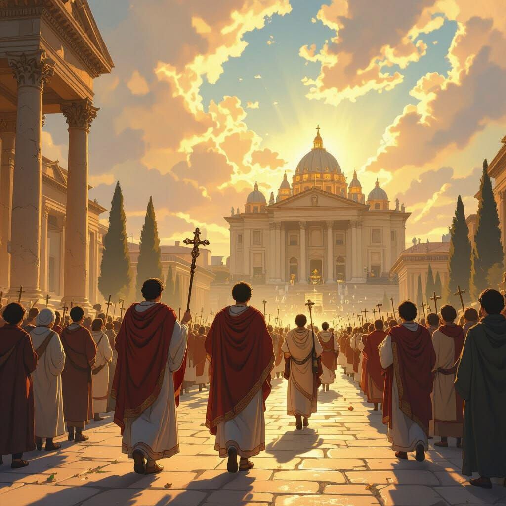 Procession to Basilica: Anime-Style Ancient Rome