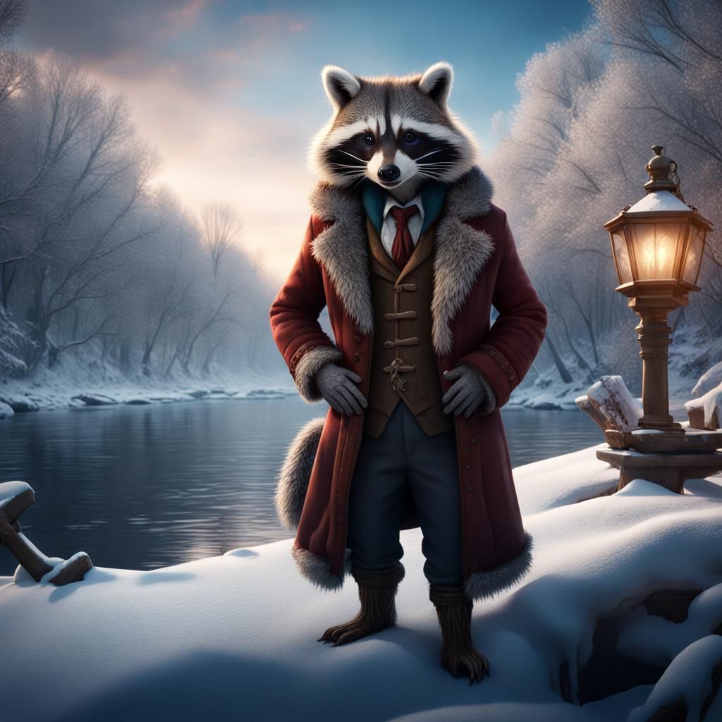 Raccoon Gentleman in Winter Riverscape: Fantasy Art