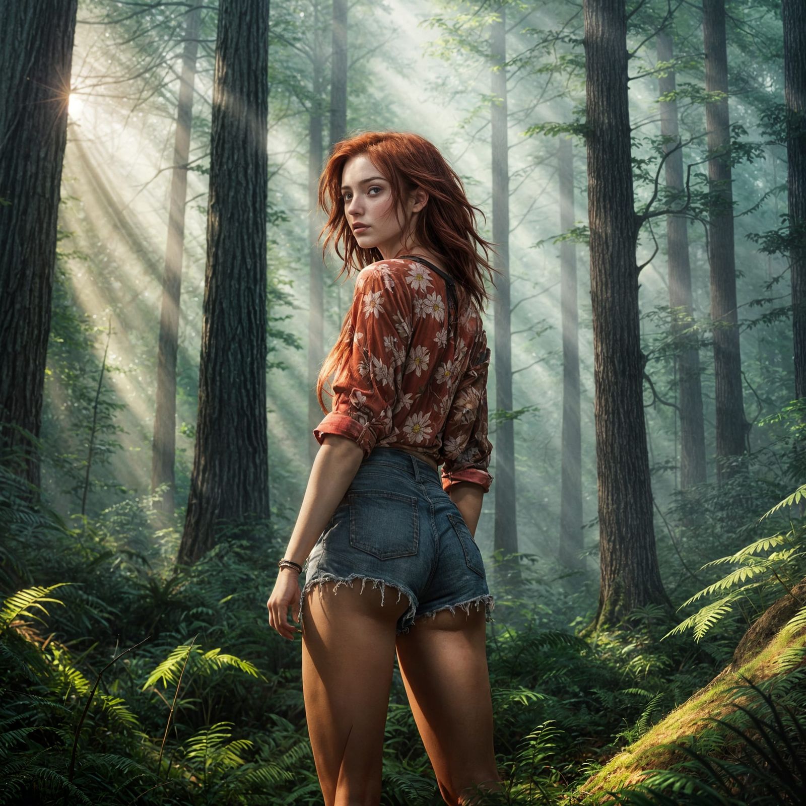 Red-Haired Girl in Forest, Fantasy Concept Art