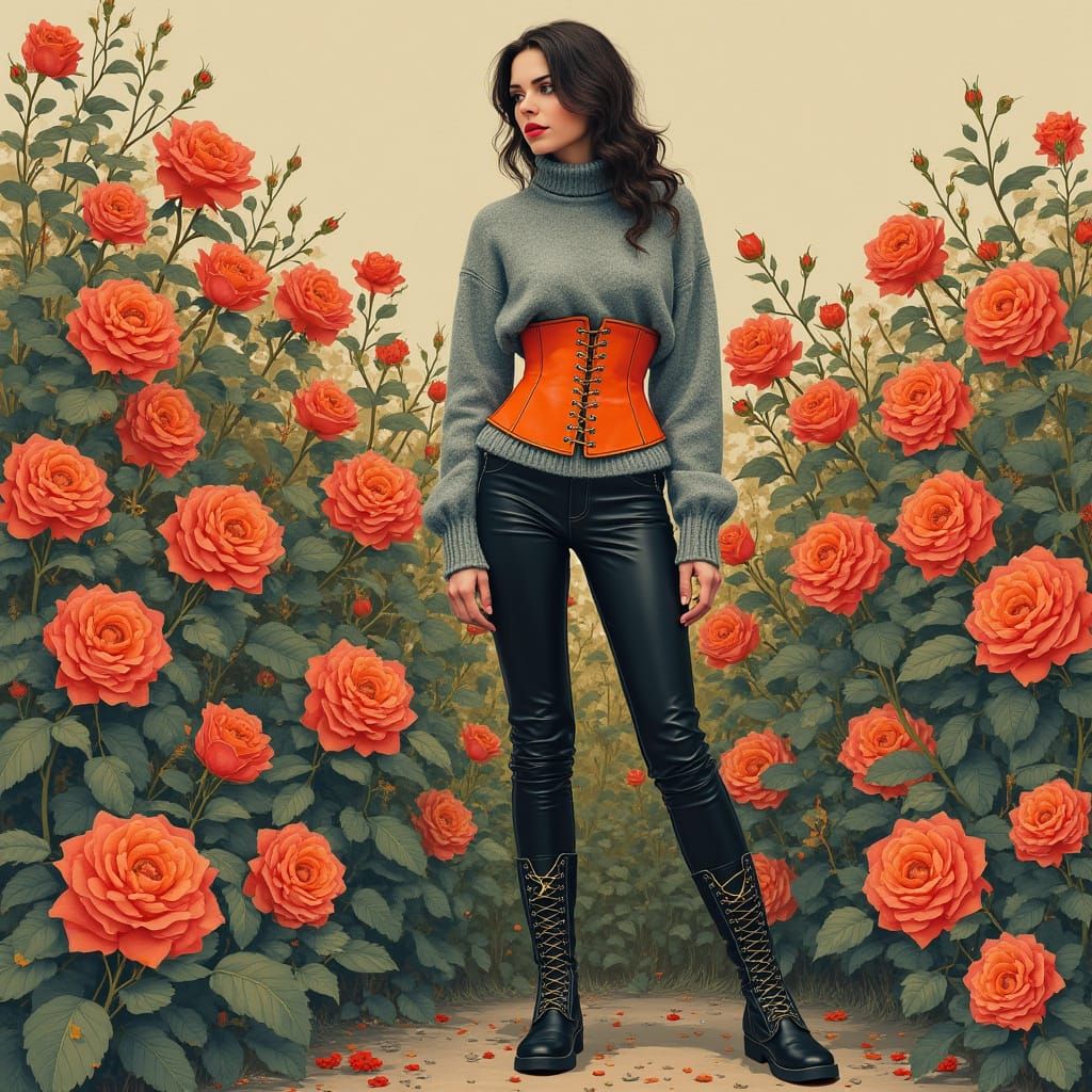 Woman in Corset Surrounded by Roses, Art Nouveau Style