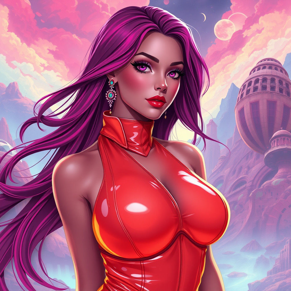 Neon Anime Woman in Fantasy Landscape