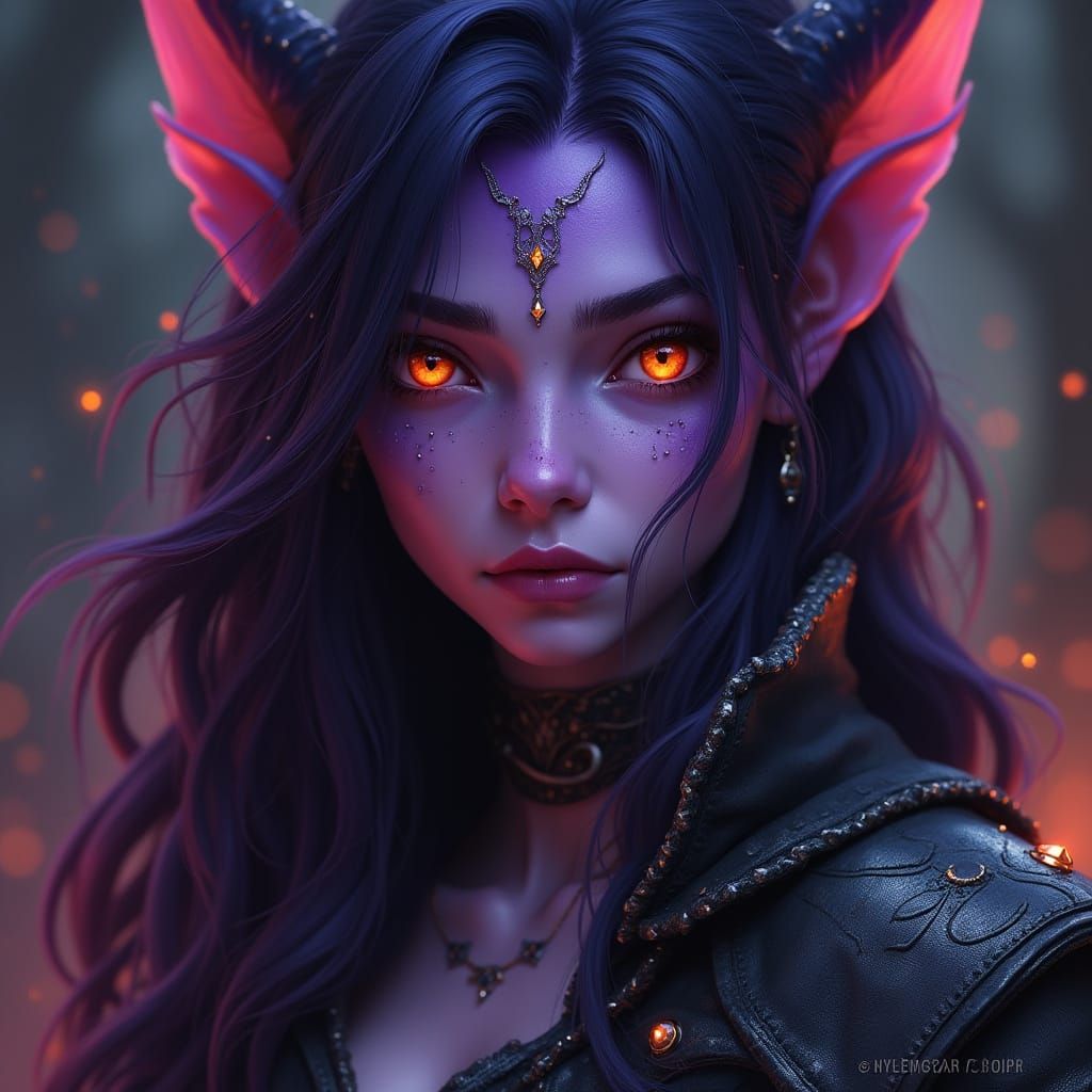 Fantasy Portrait of a Tiefling Rogue in Dark, Ornate Armor