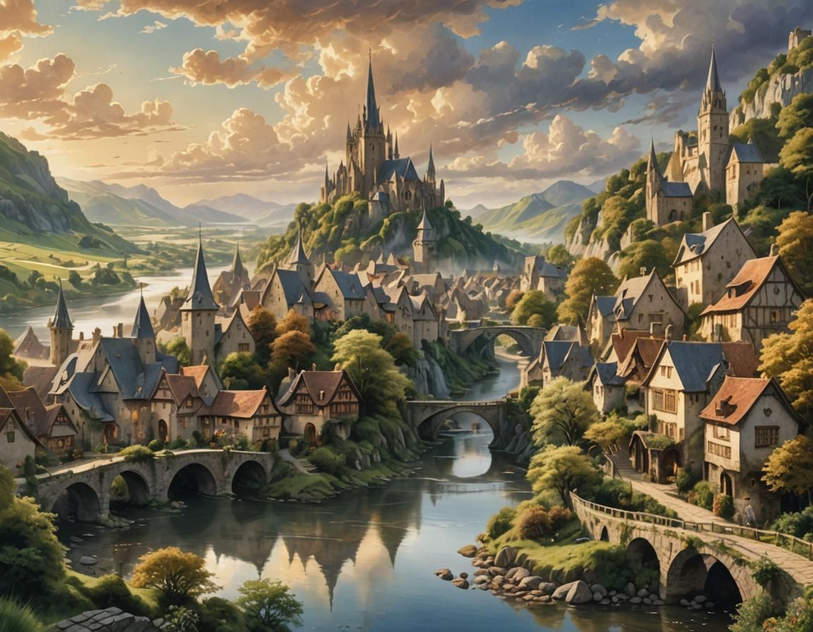 Charming Riverside Village in Radiant Light