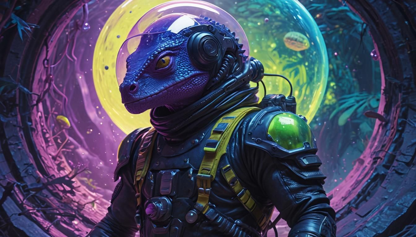 Cyberpunk Lizard Person Walks Through Alien Portal