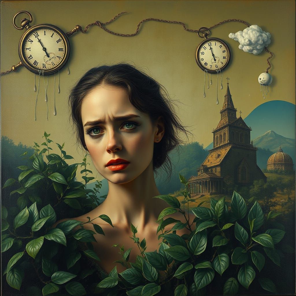 Distraught Woman Unravels in a Dreamlike Landscape