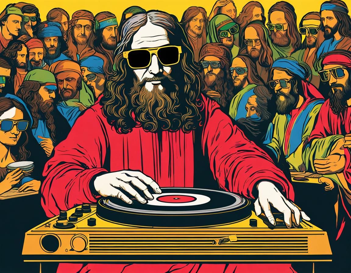 The Renaissance Rave: Leonardo da Vinci, clad in neon sunglasses and a Renaissance-inspired rave outfit, spins records o...