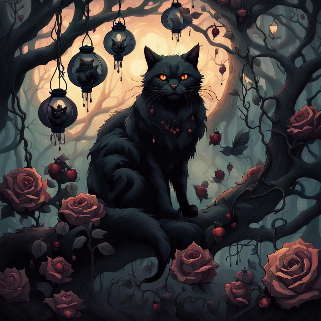 Cursed Garden with Black Cat in Dark Academia Style