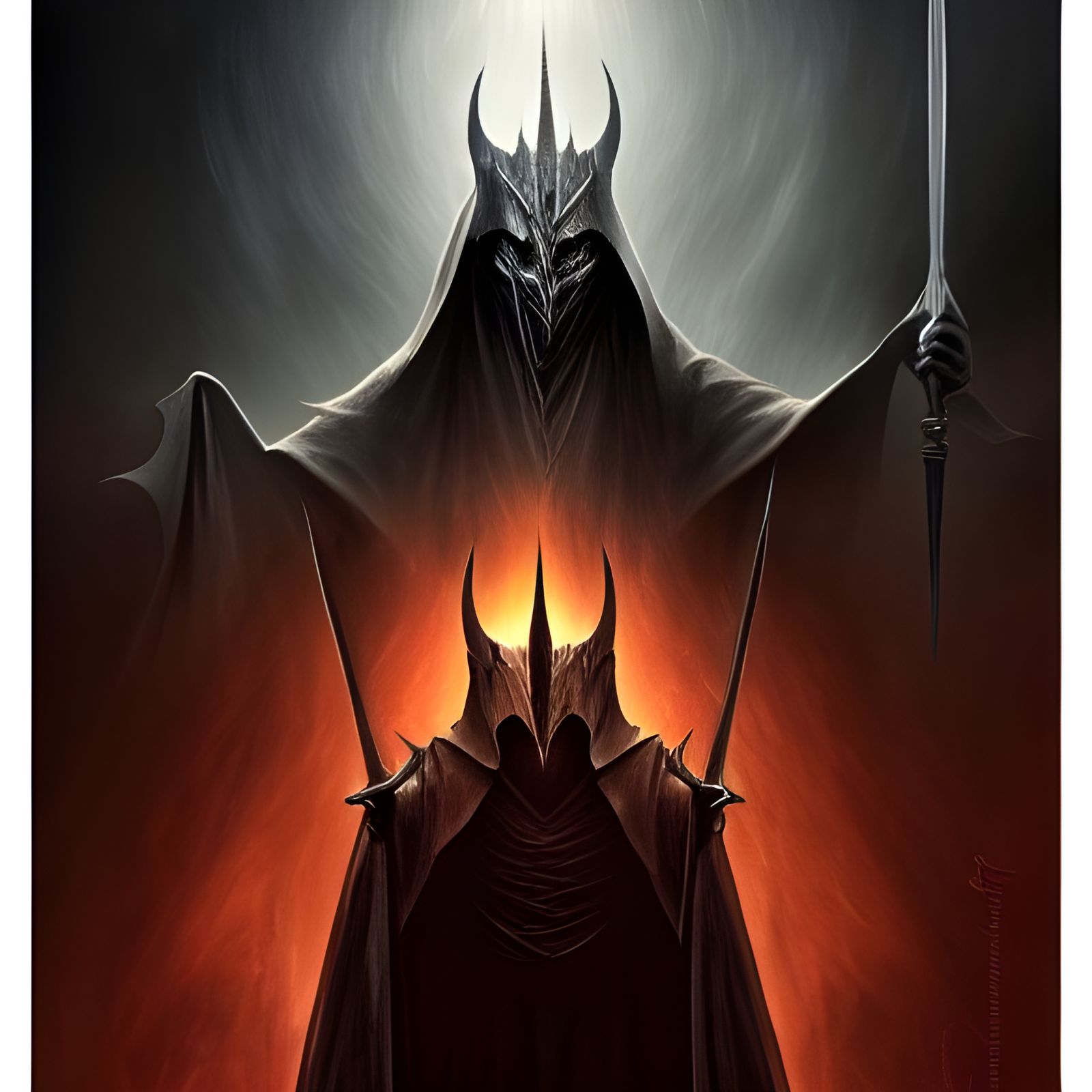 LOTR, The Dark Lord Sauron, in dark wizard fantasy clothes, the incarnation of all Evil