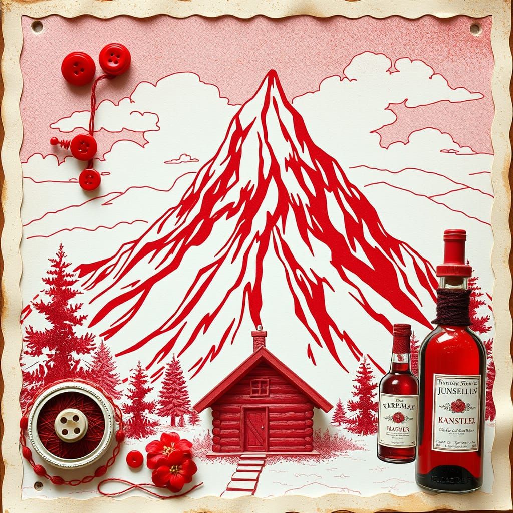 Victorian Scrapbook Page with Red Mountain Landscape