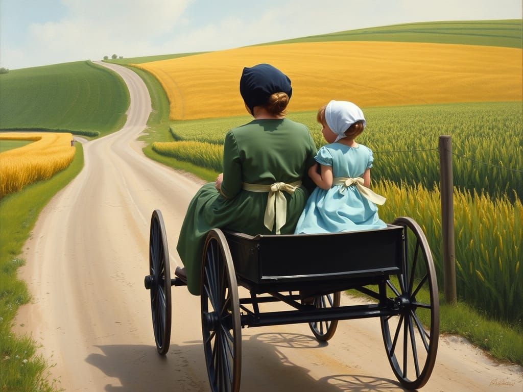 Peaceful Countryside Scene with Amish Family in a Horse-Draw...