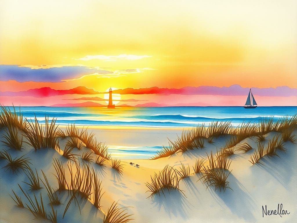 Vibrant Dunescape with Lighthouse and Sailboat in Soft Water...