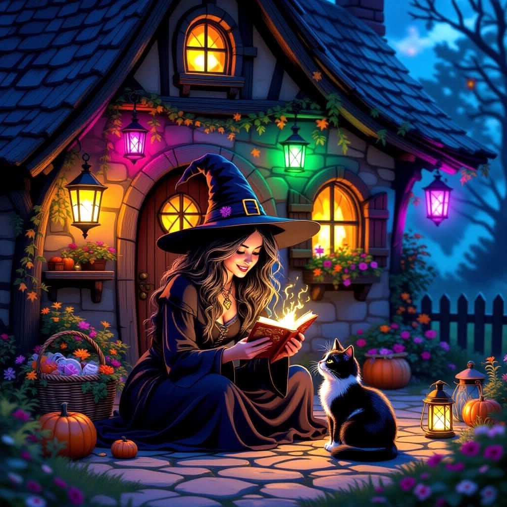 Black Witch and Cat in Cozy Lantern-Lit Cottage