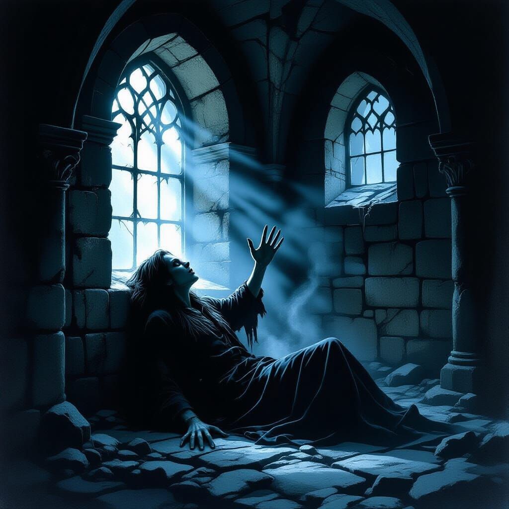 Terrified Person Gripped by Icy Fingers in Crypt