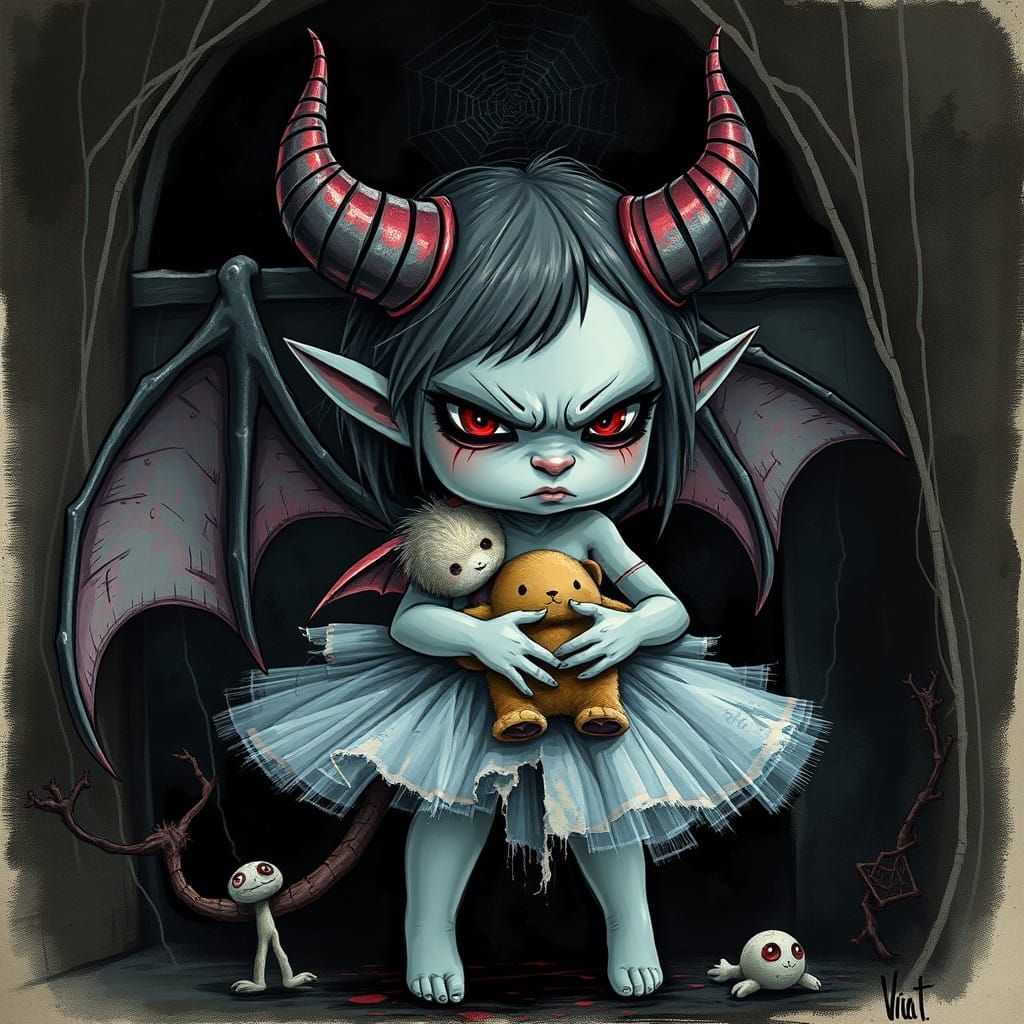 Dark Whimsy Demon Girl Reveals Sorrowful Scowl