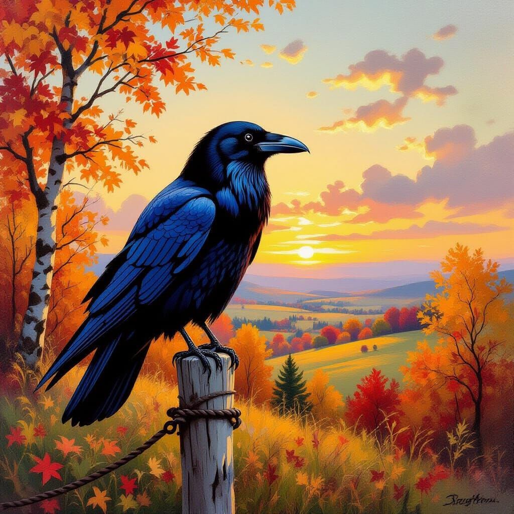 Raven Portrait in Autumn Landscape Oil Painting