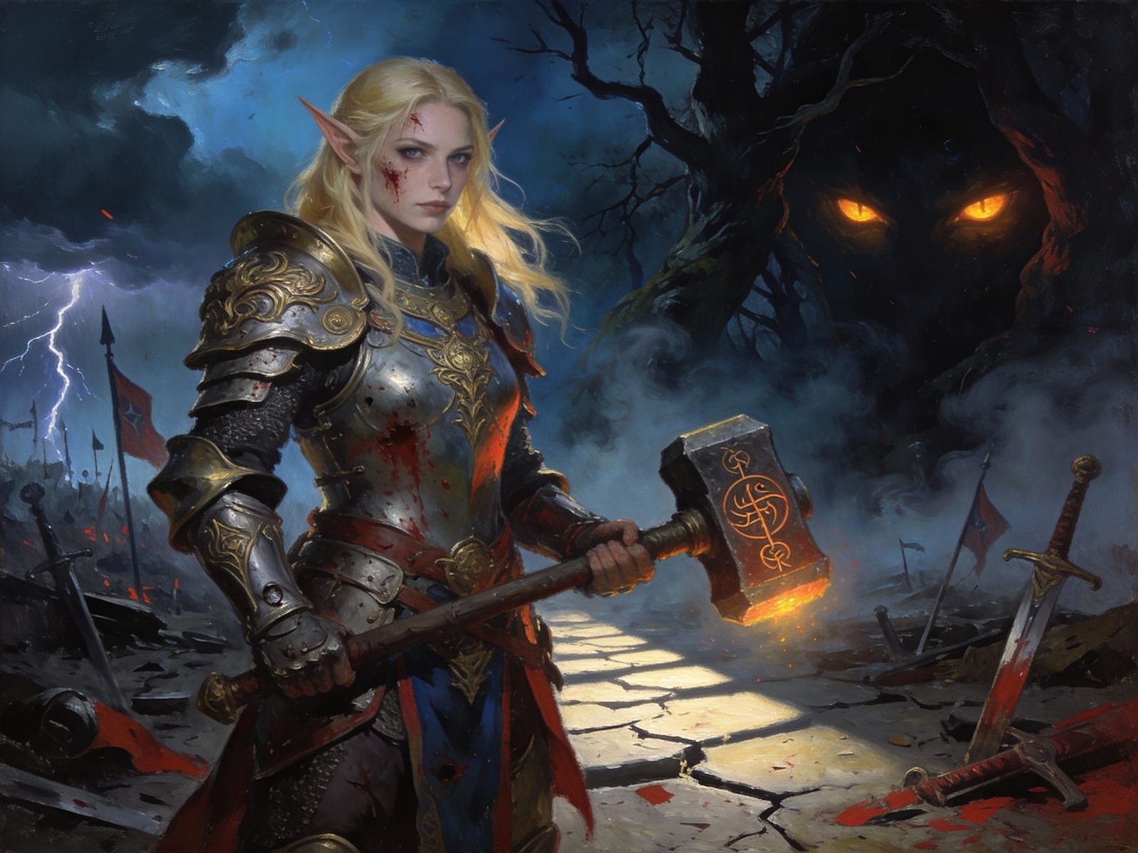 Elf Warrior in Gloomy Fantasy Landscape, Oil Painting