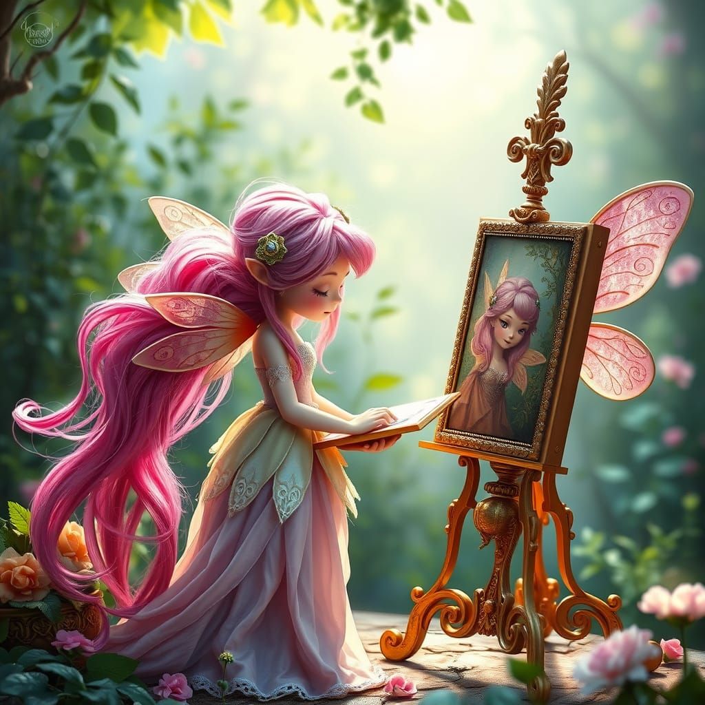 Whimsical Fairy Artist in Vibrant Pink Hair, at Golden Easel