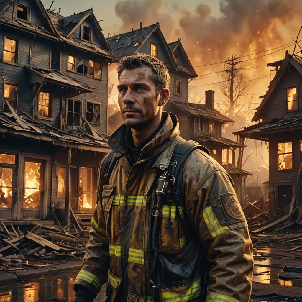 Exhausted Firefighter Walks Towards Warm Light