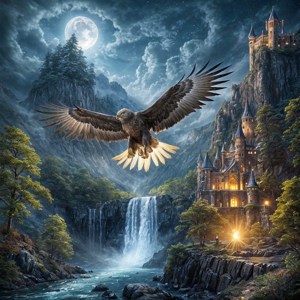 Majestic Golden Eagle on Cliff Overlooking Castle