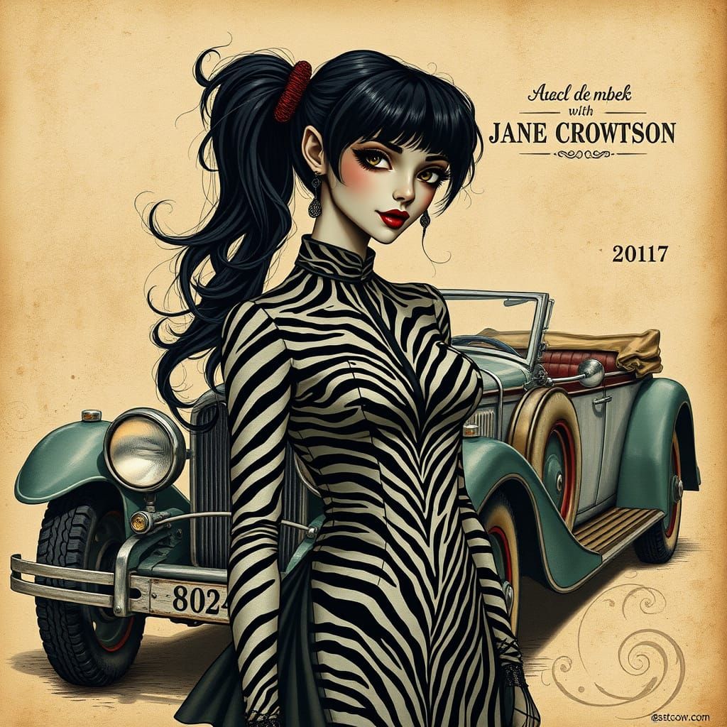 Steampunk Woman with Victorian Limousine in Surreal Style