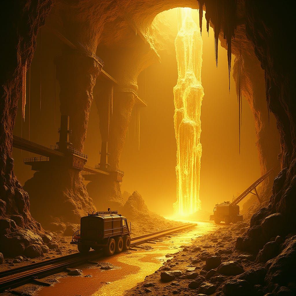 Surreal Golden Mine Radiates Warm Ambiance in Intricate Deta...