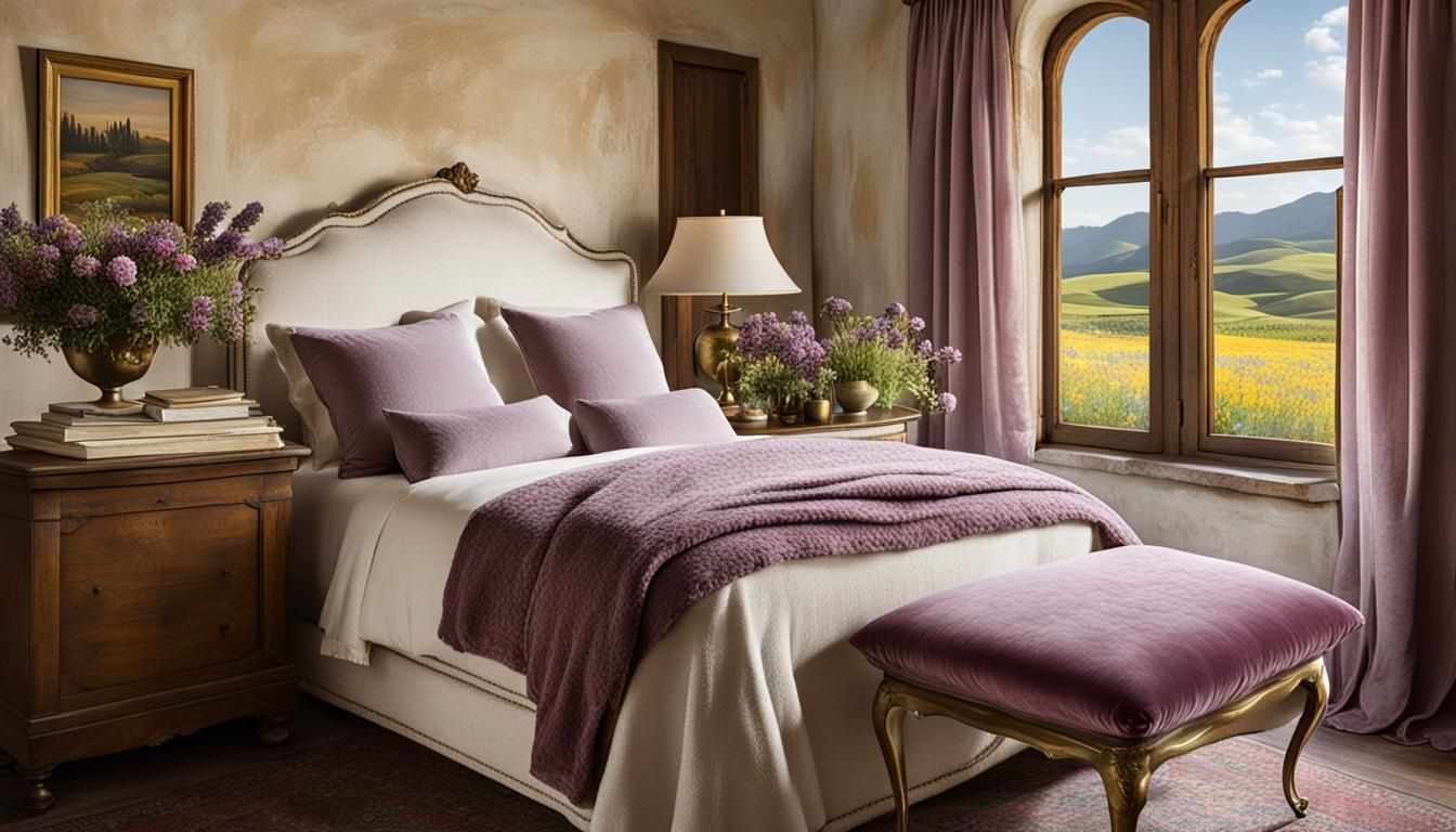 Italian Bedroom with Velvet and Wildflower View
