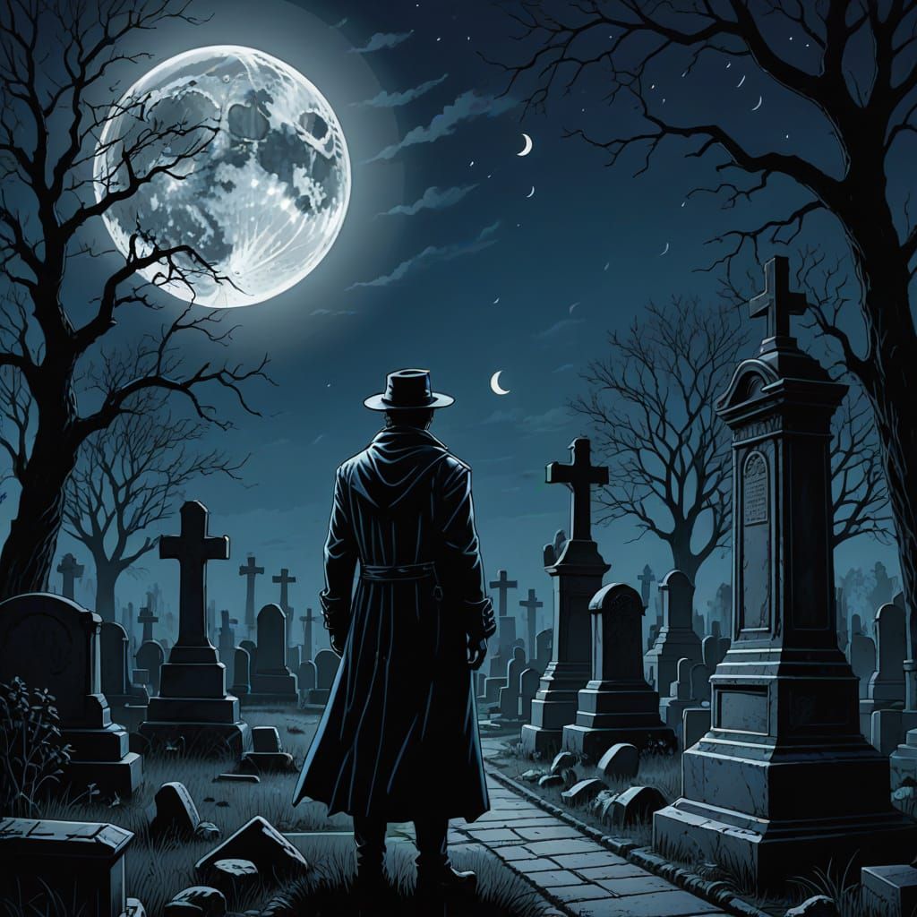 Dark Figure in Cemetery Under Moon in Comic Book Style