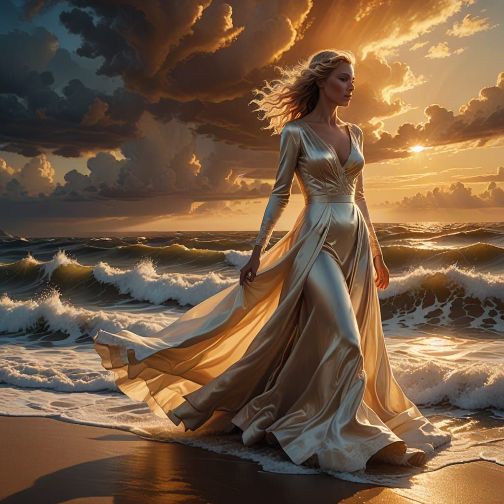 Surreal Woman Walks on Stormy Golden Ocean in Vibrant Oil Pa...