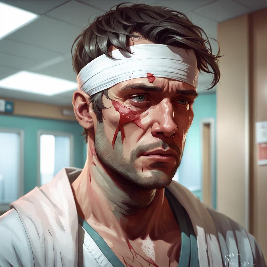 Sad Man Recovering in Hospital: Detailed Portrait