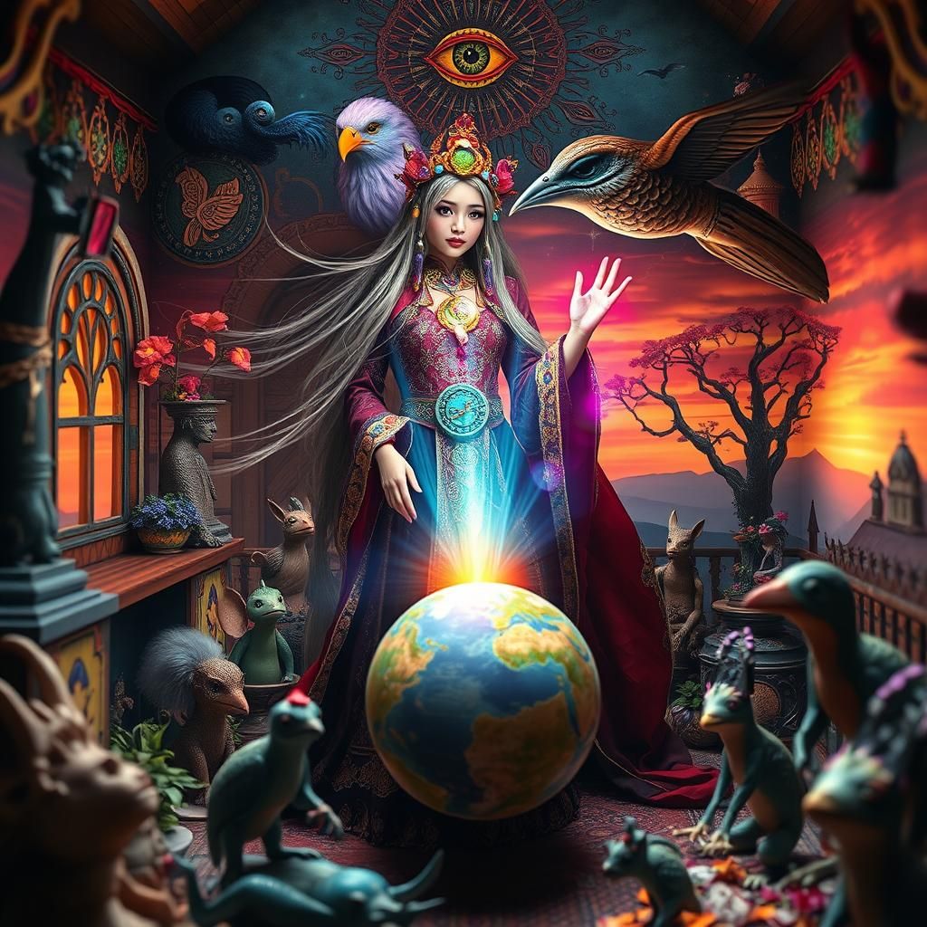 Surreal Dervish Sorcerer in Dreamlike Dollhouse Setting