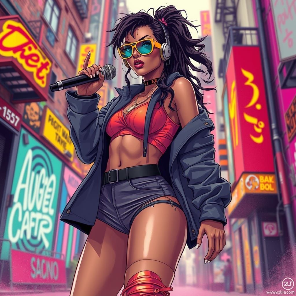 Confident Woman Twerking in Cell-Shaded Urban Art