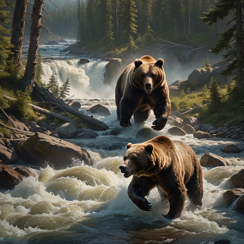 Grizzly Bear Hunting Salmon in Raging River