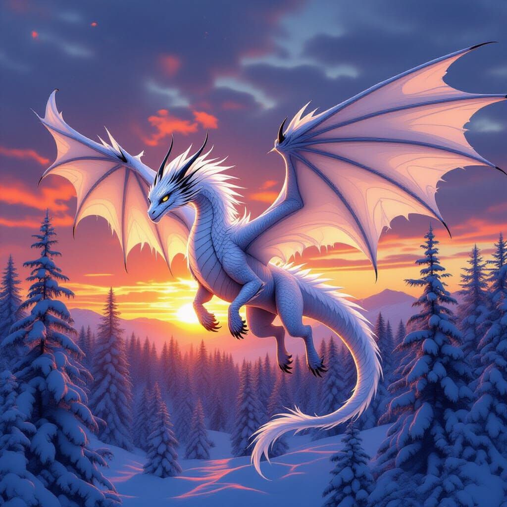 Majestic Feathered Dragon Soaring at Sunset in Snowy Forest