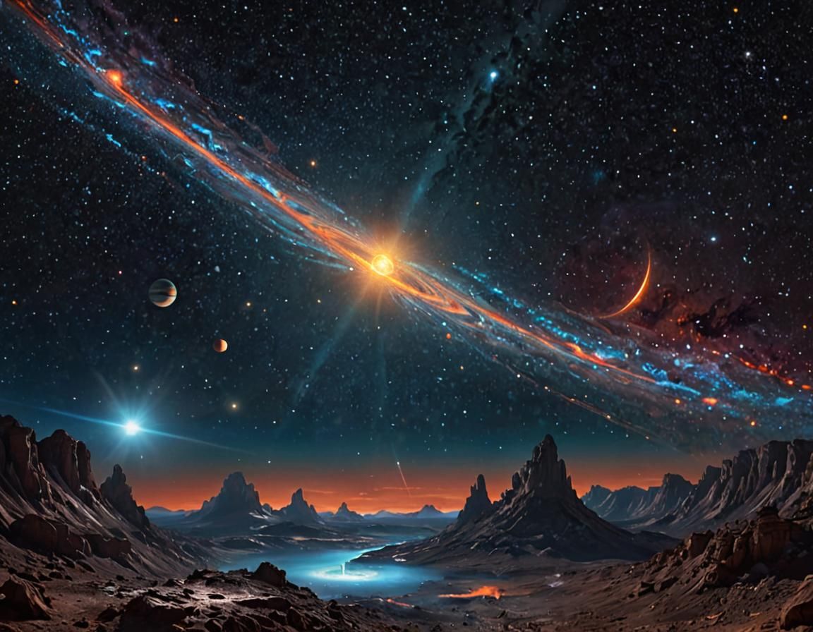 Surreal Solar System with Glowing Comet in Oil Painting Styl...