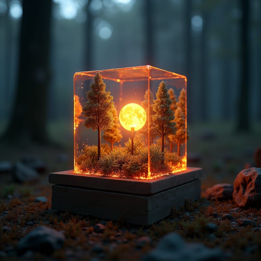 Crystal Cube Containing Miniature Sun in Dark Forest