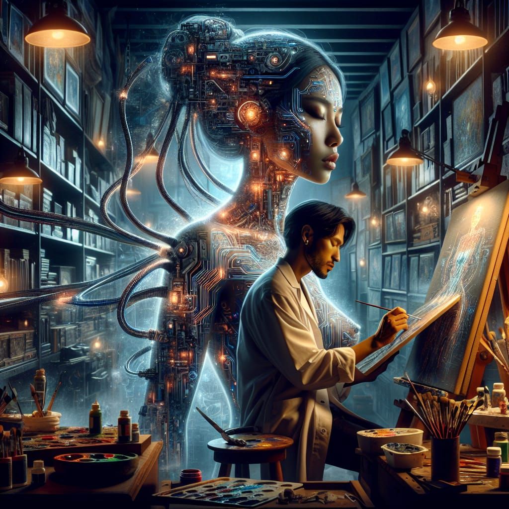 Biotech Woman and Painter in Atelier