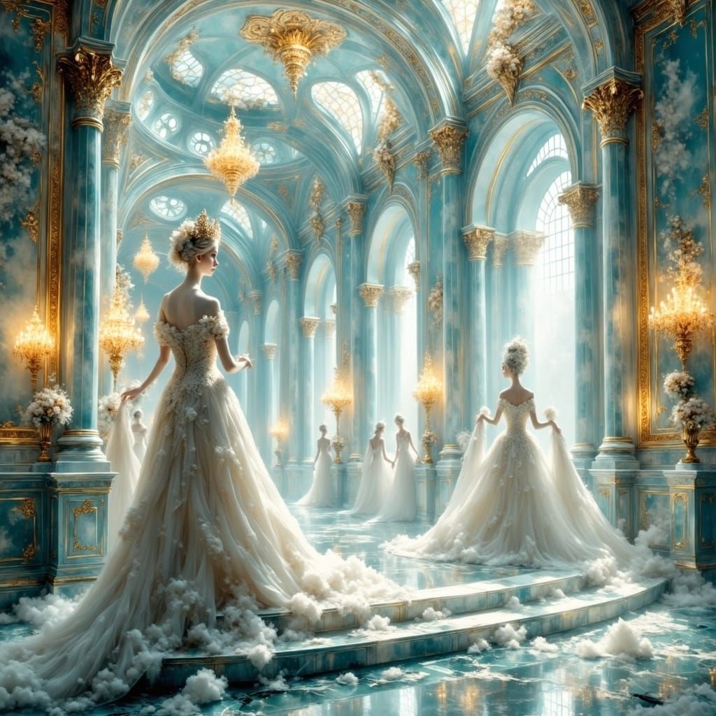 Ethereal Silver Castle on White Clouds with Crystal Flooring...