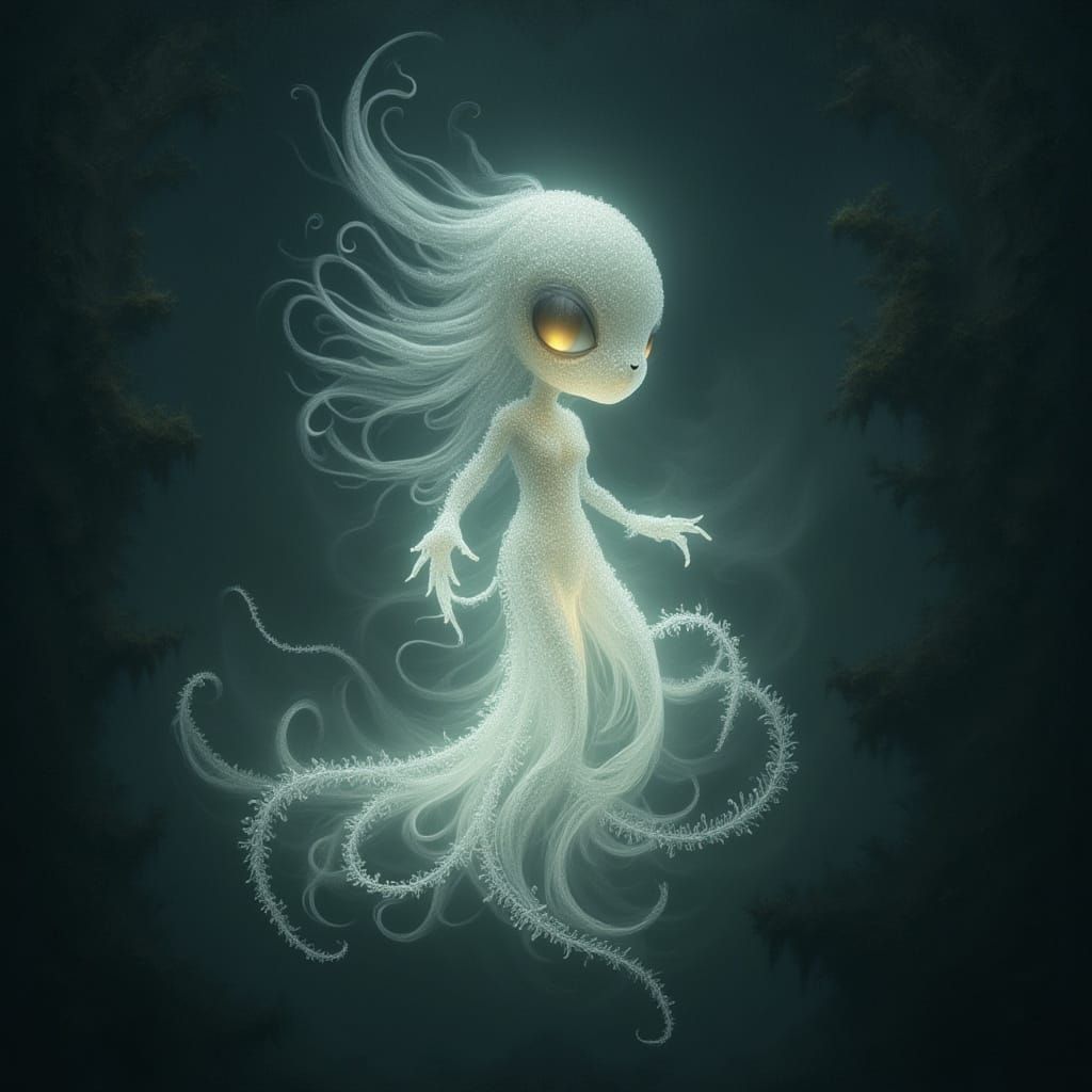 Adorable Gothic Lace Creature Glows in Dark Fantasy Illustra...