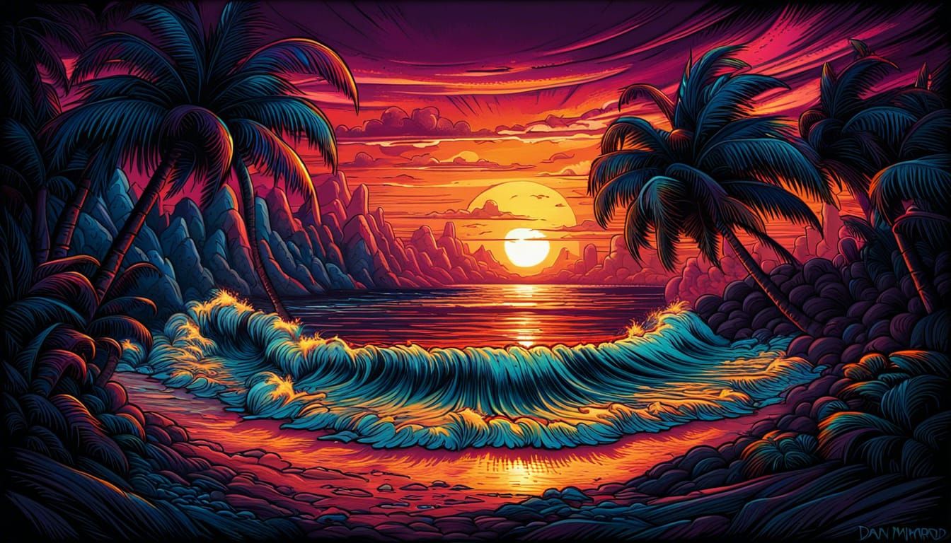 Tropical Island Sunset with Palm Trees