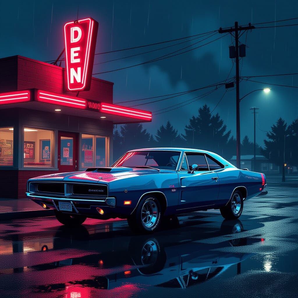 Vintage Blue Dodge Charger at Neon Diner in Noir Style
