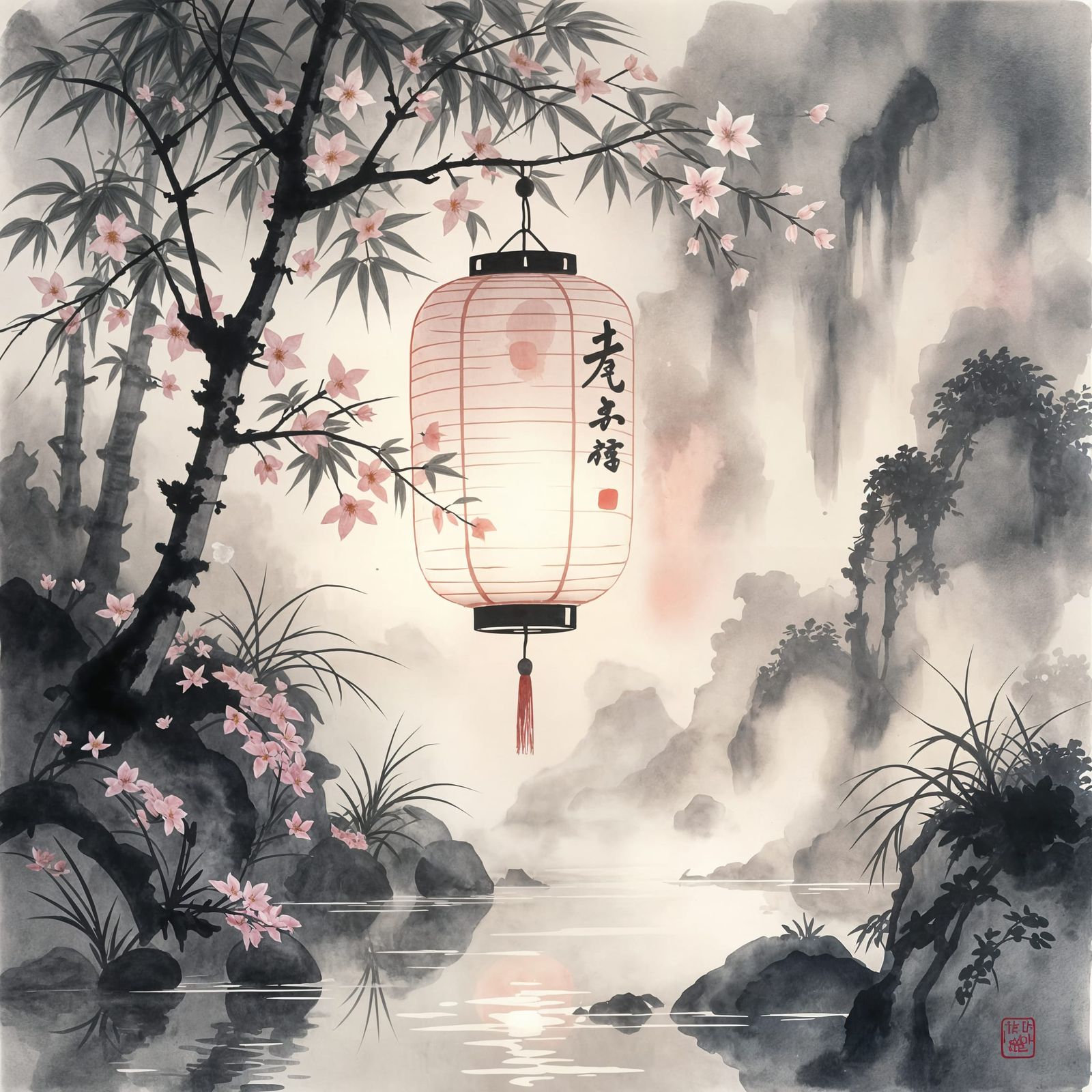 Lonely Japanese Lantern in Classical Chinese Watercolor